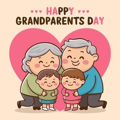 an old couple and two young children are standing in front of a heart with the words happy