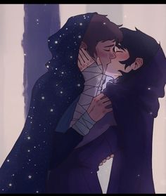 two people are kissing in front of the night sky with stars on their backs and one person is wearing a black coat