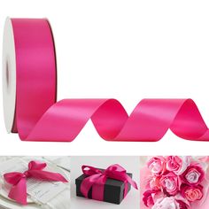 pink satin ribbon with rose bouquet and gift box on white background, photo collage