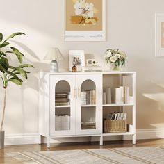 a living room with a white bookcase next to a potted plant and pictures on the wall