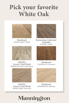 An image with six different Mannington floor swatches of different White Oak visuals that are available Rustic Hamptons Style, Lvp Floor Colors, House Color Pallet Interiors, Hardwood Floors Colors, Oak Floor Stains, White Oak Hardwood Floors, Luxury Vinyl Plank Flooring, Floor Colors, Vinyl Plank Flooring