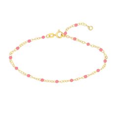 Bring attention to your style with this dainty beaded chain bracelet. 14K gold Small pink enamel beads are stationed at regular intervals along the link chain 2.0mm width 6.5- to 7.5-inch adjustable chain; spring-ring clasp Pink Dainty Bracelet With Adjustable Chain, Dainty Pink Bracelets With Adjustable Chain, Dainty Pink Bracelet With Adjustable Chain, Dainty Yellow Gold Chain Bracelet With Tiny Beads, Dainty Pink Beaded Chain Bracelet, Elegant Pink Beaded Chain Bracelet, Beaded Chain Bracelet, Enamel Beads, 5 To 7