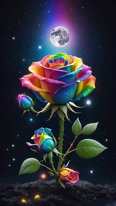 a rainbow colored rose with the moon in the background