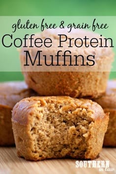 gluten free and grain free coffee protein muffins stacked on top of each other