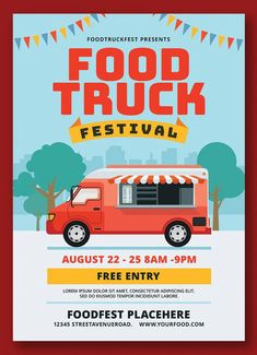 a food truck festival flyer with an image of a red truck on the road and trees