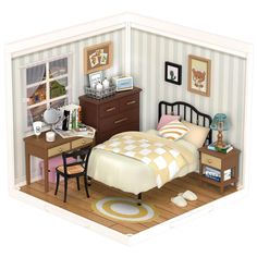 a dollhouse bedroom with a bed and desk