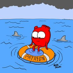 a cartoon character sitting on an inflatable raft with shark sharks around it and the caption, patreon