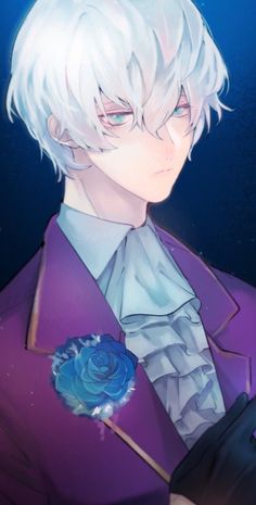 an anime character with white hair wearing a purple suit and holding a blue rose in his hand