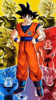 the dragon ball character is in front of many different colored images, including one with his hands on his hips