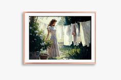 a painting of a woman hanging out to dry her clothes