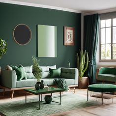 a living room with green walls and furniture in the corner, along with potted plants