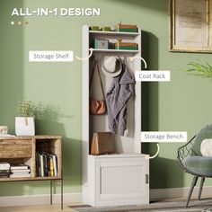 an all - in - 1 design storage shelf with coat rack, storage bench and chair