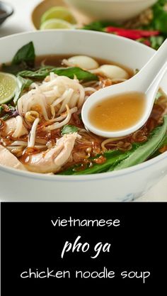 vietnamese pho ga chicken noodle soup in a white bowl