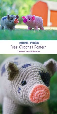 two crocheted pigs sitting next to each other in the grass with text overlay that reads, mini pig free crochet pattern