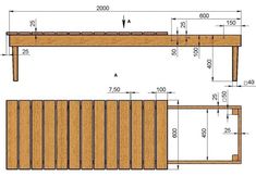 a drawing of a bench with measurements for the top and bottom section, as well as an