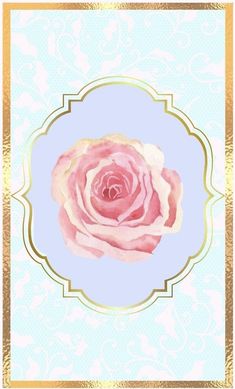 a pink rose is in the center of a blue and gold frame with an ornate border