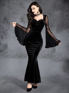 Free Returns ✓ Free Shipping✓. Gothic Contrast Mesh Flounce Sleeve Velvet Mermaid Hem Dress- undefined at SHEIN. Velvet Mermaid Dress, Partywear Dresses, Morticia Addams, All Black Fashion, Trumpet Dress, Elegant Gothic, Evening Dresses With Sleeves, Velvet Maxi Dress, Gothic Punk