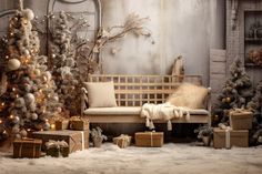 a room decorated for christmas with presents and trees in the corner, along with boxes on the floor