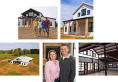 three pictures of people standing in front of a house and two photos of the same family