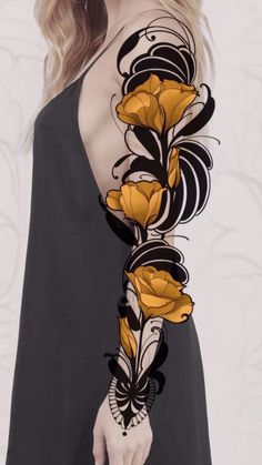 a woman in a black dress with yellow flowers on it's arm and back