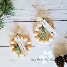 pine cones are tied with twine and placed on top of each other next to pine cones