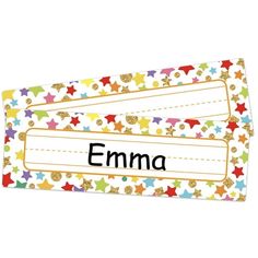 two name tags with colorful stars on them