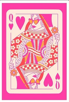 a pink and white playing card with an image of a woman holding a flower in her hand