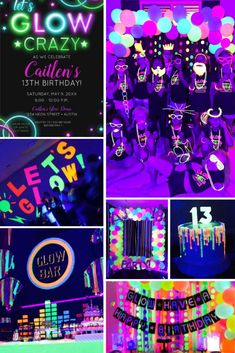 neon glow birthday party with balloons, streamers and decorations