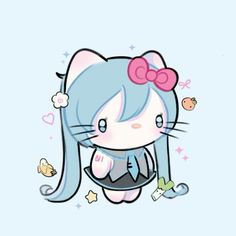 an anime character with blue hair and a pink bow on her head, holding a toy