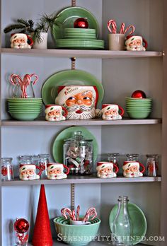 shelves filled with christmas dishes and candy canes