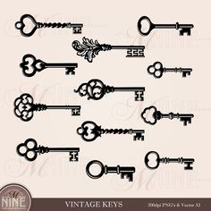 six vintage keys in different styles and sizes, each with an ornate design on them