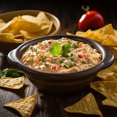 a bowl filled with salsa surrounded by tortilla chips