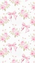 a white background with pink flowers and bows