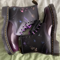 Brand-New, Never Worn, In Box, Rare, Exclusive Bt21 (Bts) Collab With Dr.Martens. Sold Out In Seconds When They Dropped. In Black/Purple Arcadia Leather (Rub-Off Effect). Uk 5 Is A Us W 7. Extremely Hard To Come By. Serious Offers Only Please. Cool Dr Martens, Lina Outfit, Painted Doc Martens, Grunge Capsule Wardrobe, Shoe Customization, Beetlejuice Wedding, Feet Warmers, White Lace Up Boots, Colourful Shoes