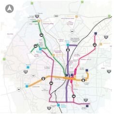 a map with many different colored lines and directions to the locations in each city area