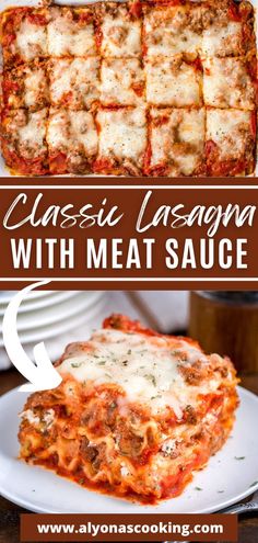 lasagna casserole with meat sauce is shown in the middle and bottom