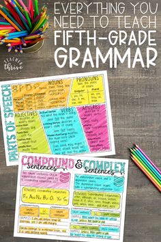 two posters with the words, everything you need to teach fifth grade grammar