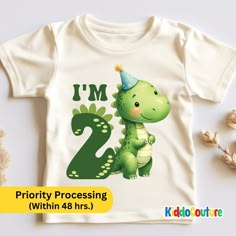 a white shirt with a green dinosaur wearing a birthday hat and the number two on it