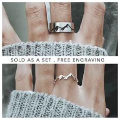 two different views of a person's hand with their wedding rings and the words sold as set, free engraving