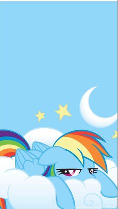 a rainbow pony with stars and clouds in the background