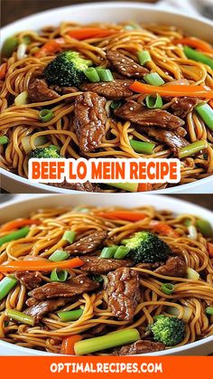 two pictures of beef lo mein with broccoli and carrots in a bowl