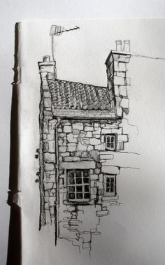 a drawing of a stone house with a flag on the roof and a street light