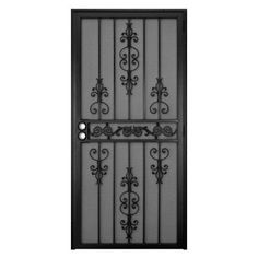 an iron door with decorative designs on the front and side panels, set against a white background