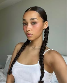 Slick Back Braided Pigtails, Clean Hairstyles For Long Hair, Slick Back Braids, Sleek Hairstyle, Pilates Workout Routine, Braids Pigtails, Cute Curly Hairstyles, Curly Hair Styles Easy