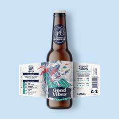 a bottle of good vibes beer sitting on top of a blue background with a label