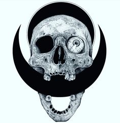 a black and white drawing of a skull with an eye on it's head