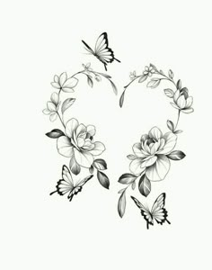 some flowers and butterflies are drawn in the shape of a letter v on a white background