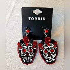 New And Never Worn. Approximately 2" In Length. Smoke Free Home. Perfect For Halloween! Sugar Skull Earrings, Skull Earrings, Earrings Color, Sugar Skull, Black Red, Black And Red, Jewelry Earrings, Women Jewelry, Halloween