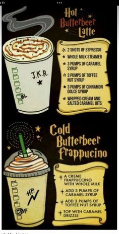 a menu with different types of drinks on it