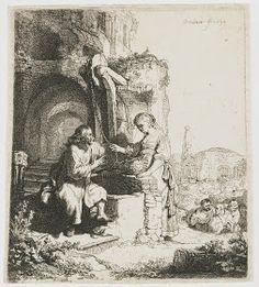 an old drawing of two people standing in front of a cross